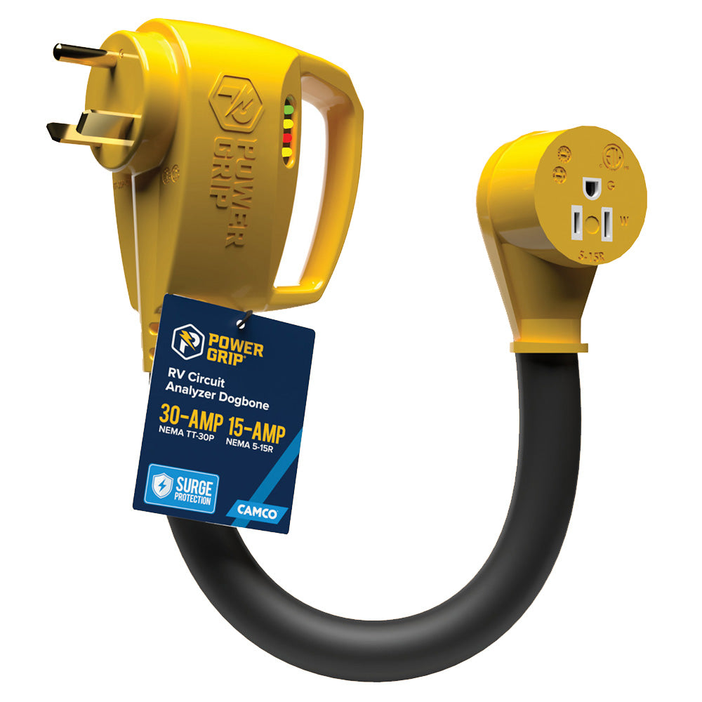 Camco Power Grip RV 12 30Amp Circuit Analyzer Dogbone Integrated Surge Protection 55461